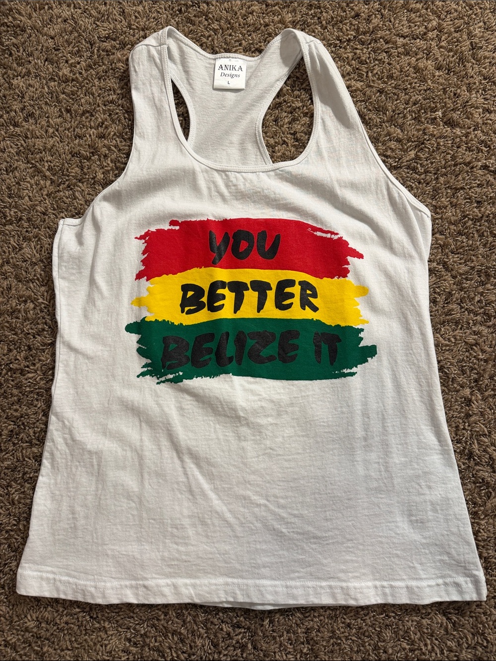 White Racerback Tank with Red, Yellow & Green Graphic